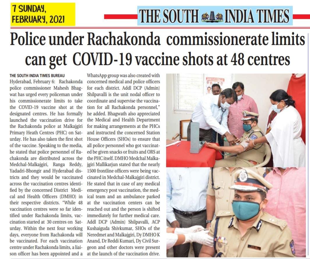 MalkajgiriCop's tweet photo. #CP_RCK Sri Mahesh Bhagwat IPS inaugurated #COVIDVaccination session for #RachakondaPolice at Malkajgiri PHC & taken first shot of #vaccine. #RCKPolice will be vaccinated across the vaccination centers identified by the concerned #DMHOs in respective dist. https://t.co/CaEGlDvOmM