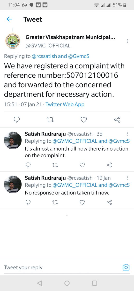 rcssatish's tweet photo. @GummallaSrijana @GVMC_OFFICIAL @GvmcS Complaint reference provided more than a month ago and no response till date.What is the point of acknowledging and not responding to the complaint?? https://t.co/K6eIawQANZ