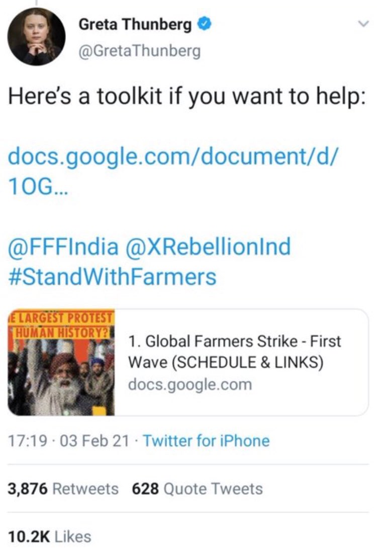 എന്നാൽ അതിന് പിന്നാലെ ആയിട്ടാണ് നമ്മുടെ  #GretaThunberg ട്വീറ്റ് വരുന്നത് പാവം എന്ന് പറയാമല്ലോ ഗ്രീറ്റ യുടെ ട്വീറ്റ് ഗ്രീറ്റയ്ക്ക് ഒരു അമിളി പറ്റി ഗ്രീറ്റയും കൂട്ടരും അത് മനസിലാക്കുമ്പോളേക്ക് കാര്യങ്ങൾ കൈൽ നിന്നു തന്നെ പോയി എന്ന് പറയാം