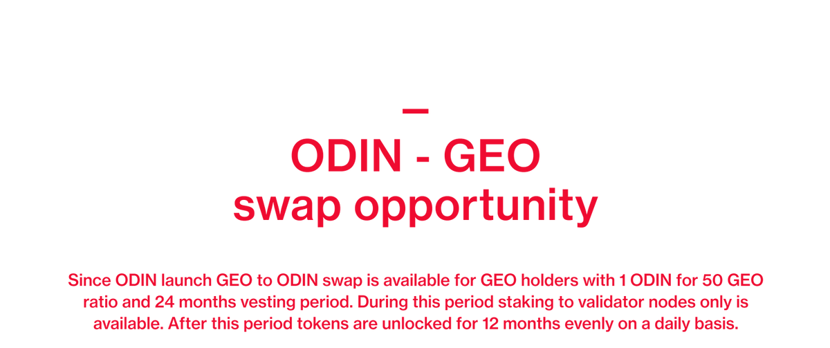 5/10Profits from the  $ODIN network will be used to buy back  $GEO on the open market, which will also function as a governance token.To obtain ODIN you will need to swap GEO at a ratio of 50:1.