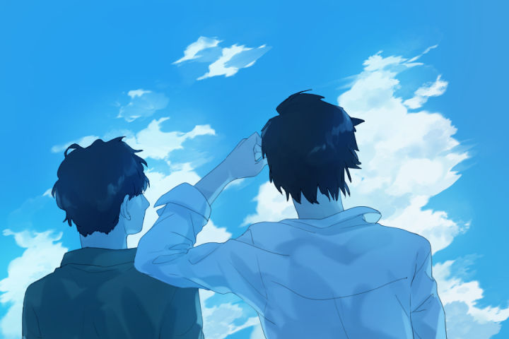 2boys multiple boys sky cloud male focus blue sky shirt  illustration images