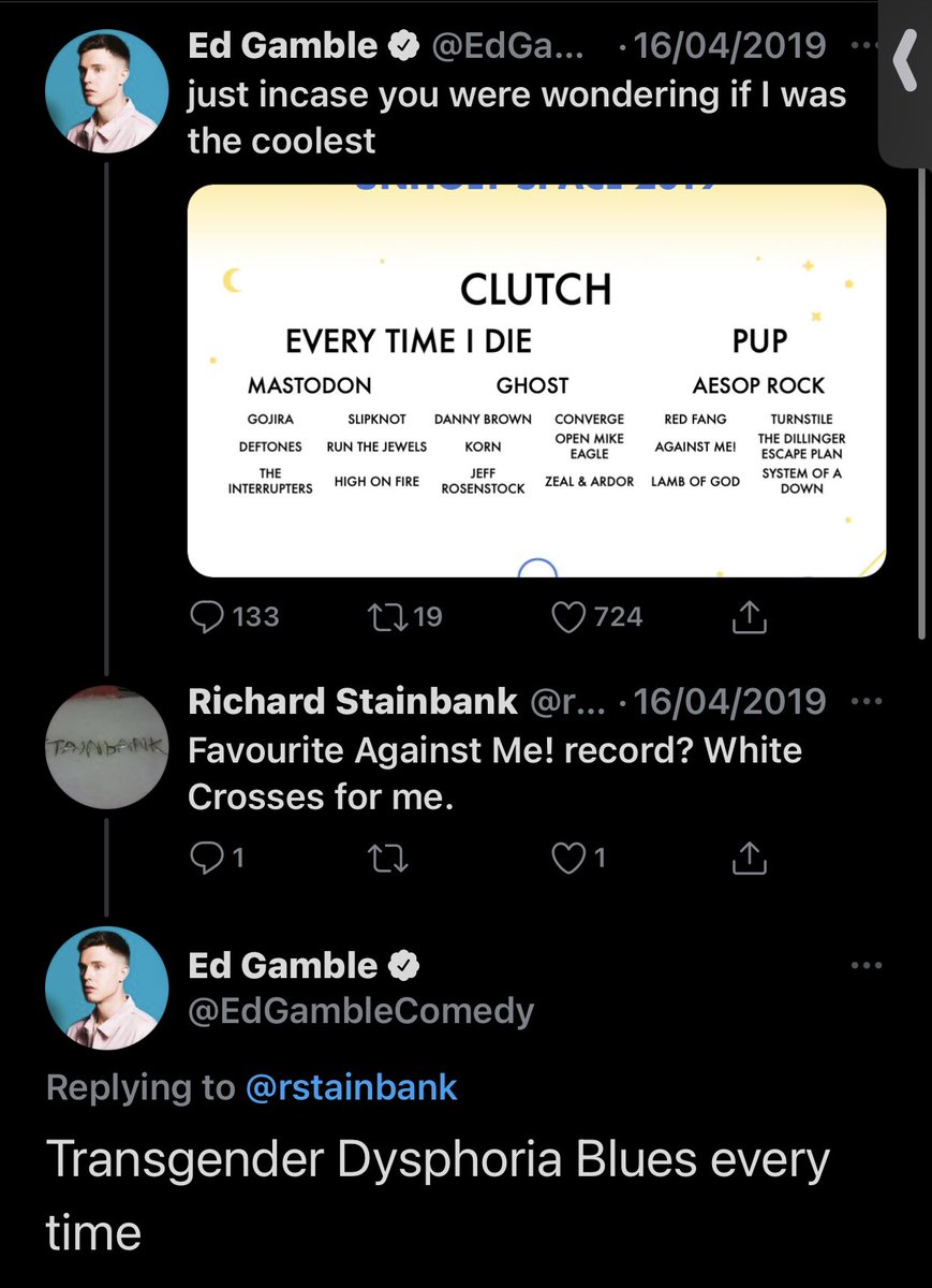 ed gamble (1st one him saying fuck glinner rights so true bestie + supporting trans artists)