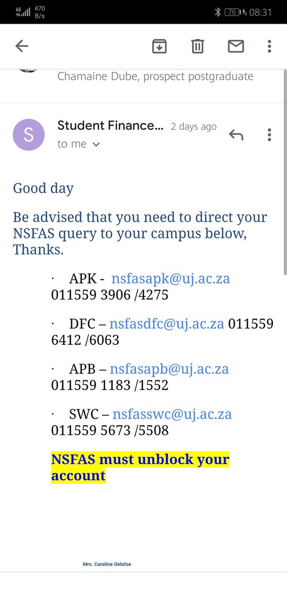 Nonhle_ND's tweet photo. @go2uj I emailed the student account as per the communication by the University, and they sure did reply, however the problem is still that @myNSFAS won't Unblock me for registration, they insisting I sign an AOD and 50% https://t.co/j05mPfbjXa