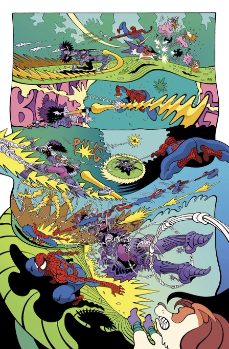 one detail i love in his work is how action affects the panel space, how speedlines and sound effects allow for clarity and guide the eye, how they use enviornmental details to guide the eye and simulate movement (check the ground in last panel of the spider-man page) 