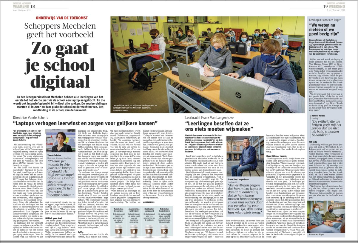 VORMscholen's tweet photo. Zo gaat één van onze @VORMscholen digitaal • het @SchepMech instituut in @StadMechelen  
Vandaag in GVA. “Scheppersinstituut Mechelen schoolvoorbeeld van digitale integratie.” Wat een waardering!
https://t.co/3KGSmqEzhE #vormscholen #Mechelen #onderwijs #onderwijsinnovatie https://t.co/K2eVGuYgGi