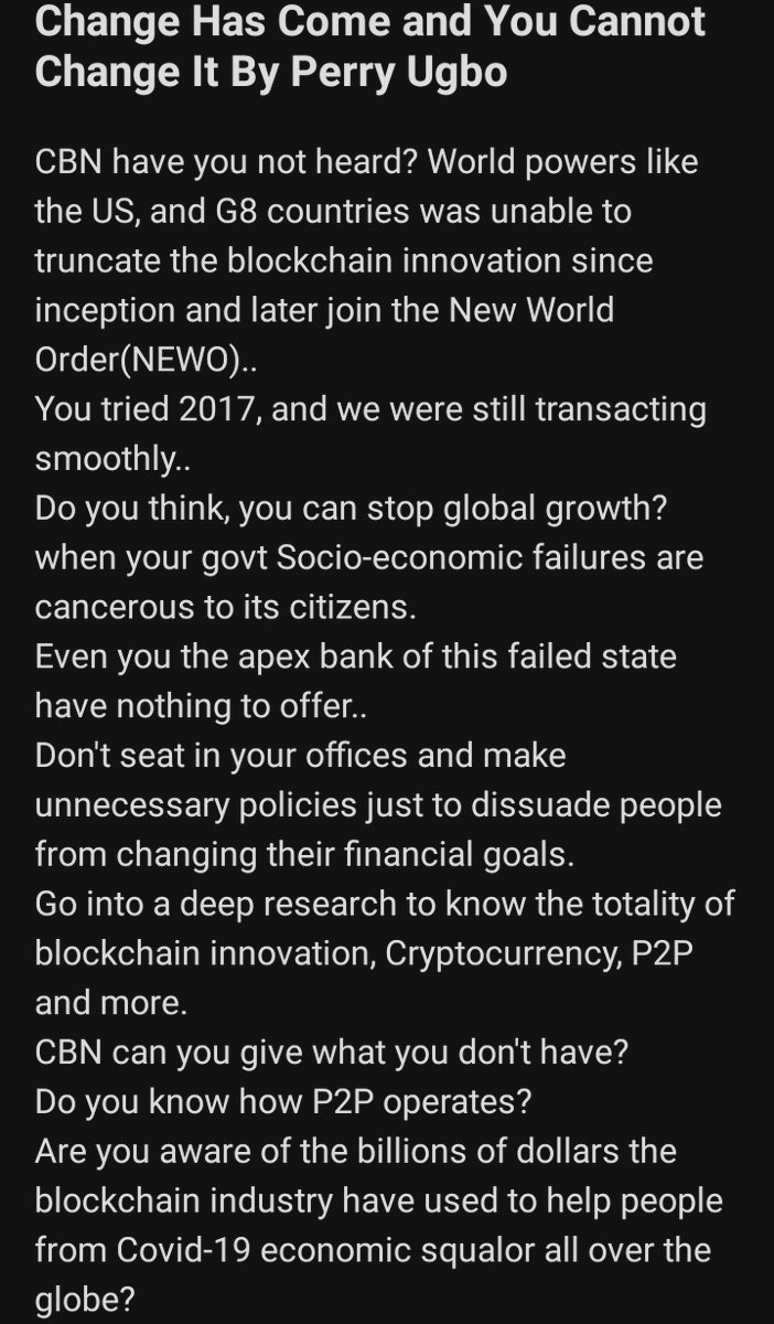 perrydacdigital's tweet photo. Learn the pros and cons that comes with blockchain technology CBN...
#Bitcoin #Binance #CBNBan #Bitcoin #NigeriaNeedsCrypto #blockchain #innovation https://t.co/bisEqmJg58