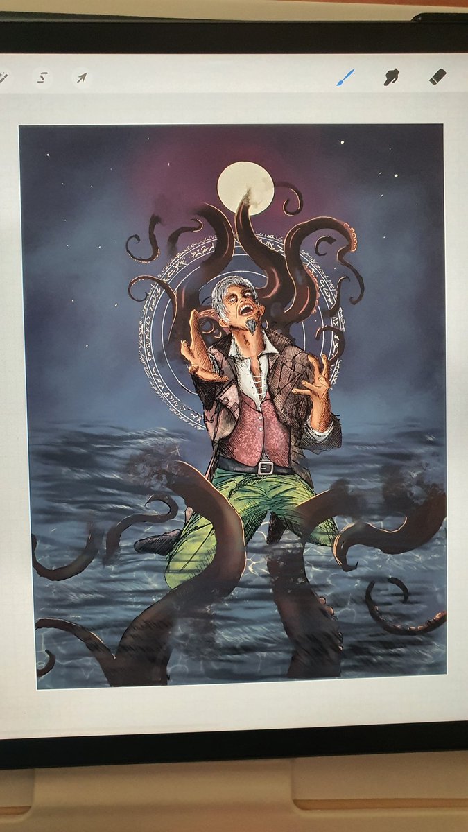 AxekickerKelly's tweet image. My very first illustration . Warlock PC in #Saltmarsh campaign im running #dnd #DnDcharacter ...full credit to the artists(unknown) whos work I copied to bring this together (i traced the tentacles) ... copied the restfrom a photo for the pose and an illustration for the clothes