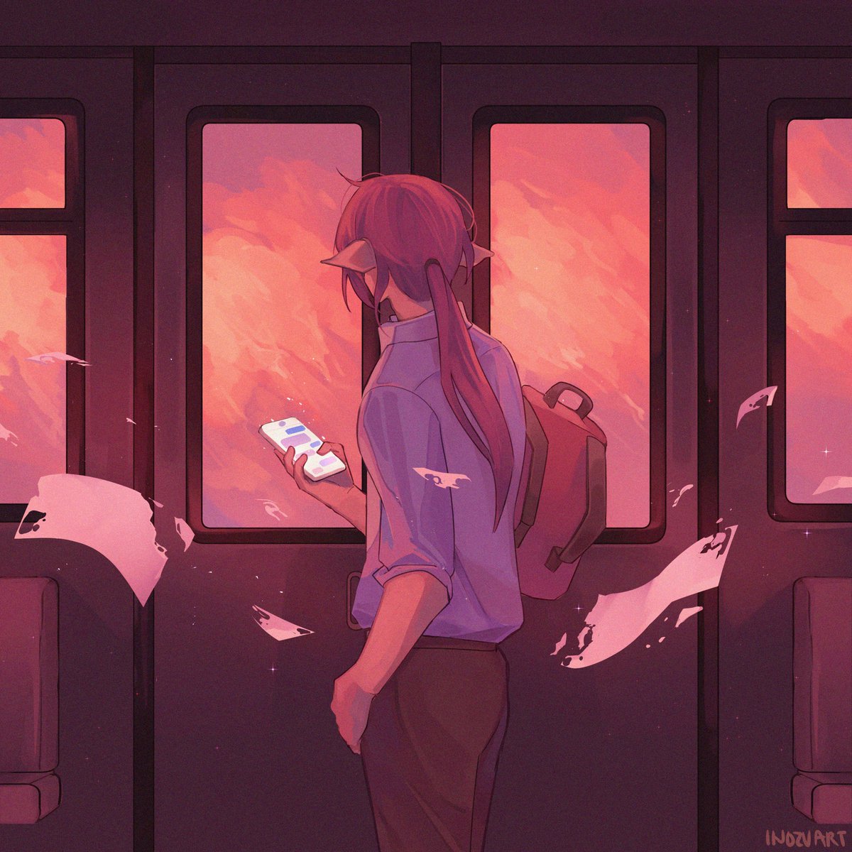 phone train interior ponytail solo holding shirt holding phone  illustration images