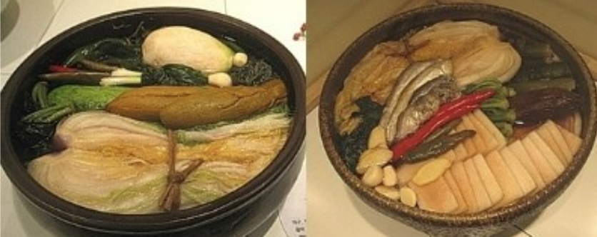 กิมจิ "โบราณ" ของเกาหลี ก็จะดูเหงาๆ หน่อย 
(ยุค 3 แผ่นดิน, โครยอ
โซซอน, ปลายโซซอน)

กิมจิสีแดงๆ ที่กินกันทุกวันนี้ เพิ่งเริ่มกินได้ไม่นาน ประมาณ 170 ปีเอง  สมัยก่อนพริกก็ไม่มี เพิ่งเข้ามาตอนกลางโซซอน จากญป. ส่วนผักกาดทำกิมจิ เข้ามาหลังพริกอีก ประมาณปลายโซซอนจากจีน