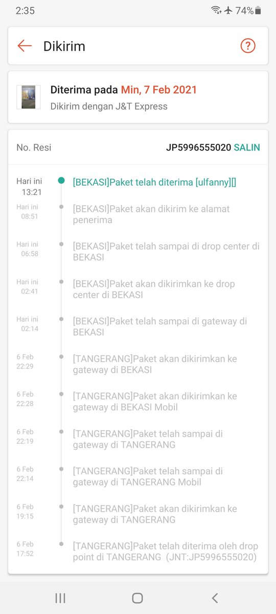 paket diterima yg sesungguhnya jam 17.25 sore. laporan di sini jam 13.21, lain kali lebih profesional lg ya dalam pengiriman, terima kasih <a href="/jntexpressid/">J&T Express Indonesia</a>