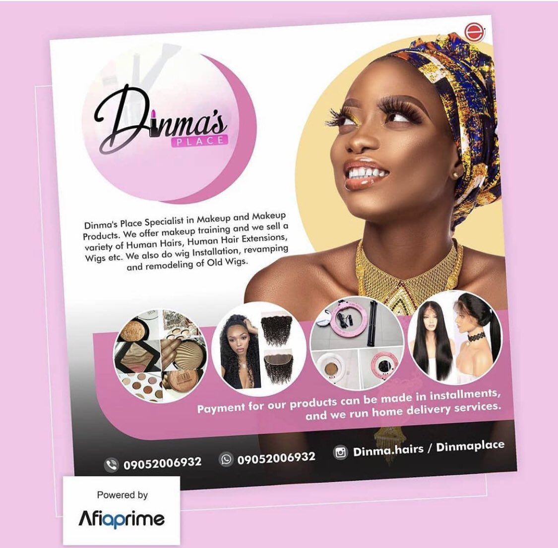 DINMA_GURL's tweet photo. Dinma’sPlace specializes in makeup and makeup products. We sell varieties of Human hair extensions,wigs, bundles etc we also do wig installation, revamping and remodeling of old wigs
#bankwithv #growwithv #vbank https://t.co/gJNbpiVdsD