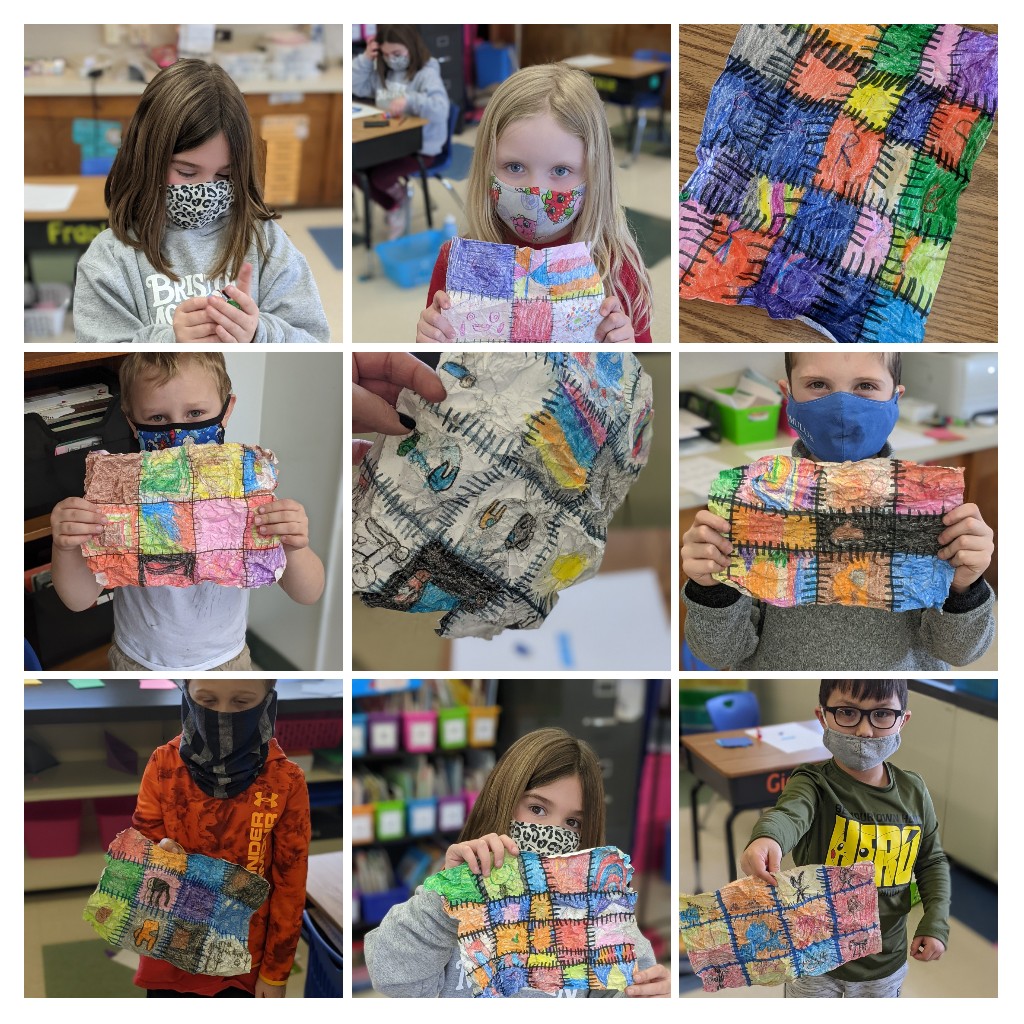 MissJanto's tweet photo. Sanford Biggers is a Harlem-based interdisciplinary artist who is known for his artistic quilts. Here are our quilts! #BlackHistoryMonth #firstgrade https://t.co/0drp5c6DC8