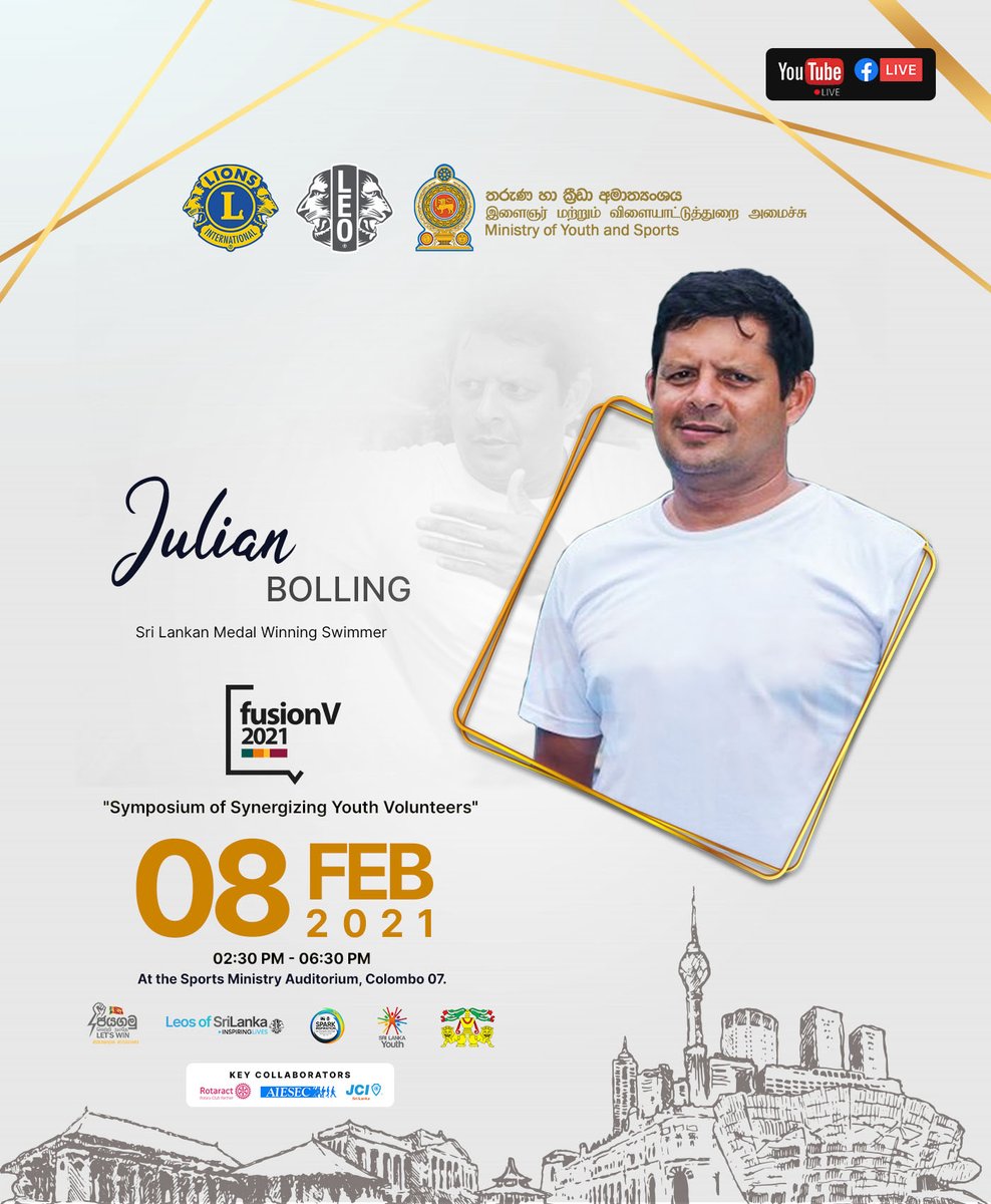 leosofsrilanka's tweet photo. Mr Julian Bolling, a renowned medal winning swimmer and an inspiring personality - a charismatic role model, respected and very much loved by the Sri Lankan youth, has joined hands with 𝐅𝐮𝐬𝐢𝐨𝐧𝐕 𝟐𝟎𝟐𝟏.
#FusionV2021 #LeosofSriLanka #LeoMD306 #WeServe #Lka #ProudLeo https://t.co/JpHaDTY5nC