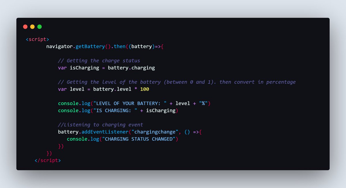 baimamboukarr's tweet image. Javascript tip...... Interacting with the battery API
 #Javascript #BatteryAPI #FunWithCode