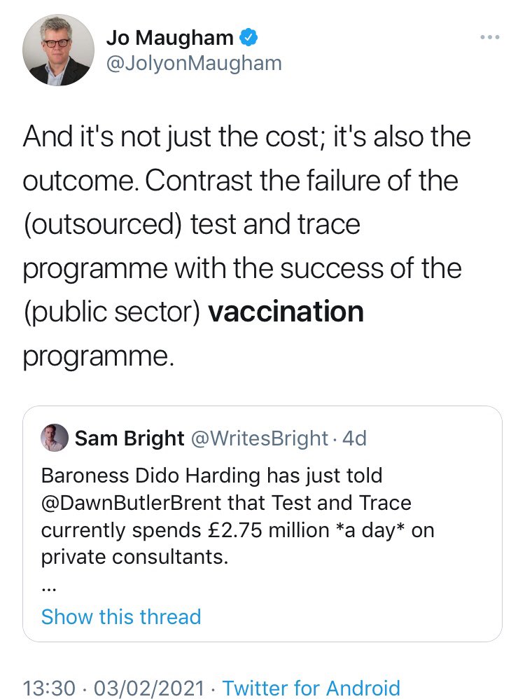 Even though the achievements of the Vaccine Task Force under Kate Bingham’s leadership had had greater publicity and recognition by the end of January, the man who described her appointment as “so unbearably grim” does not acknowledge its role in the success of vaccination now