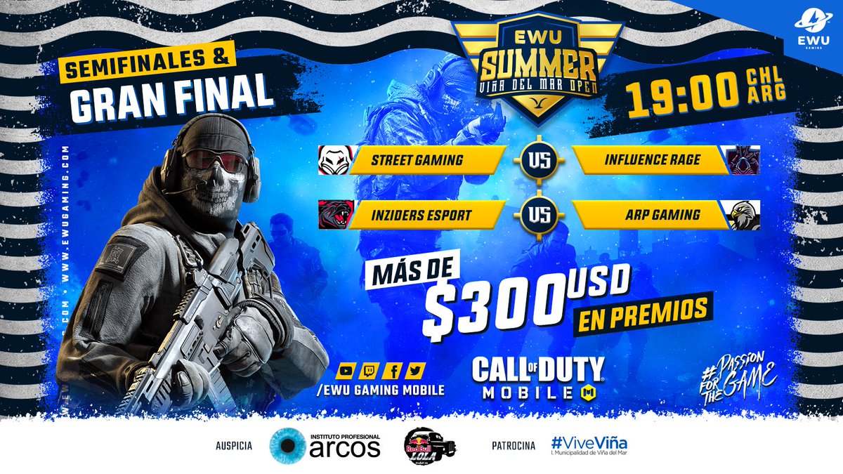EWU⚡️Gaming (@ewugamingmobile) on Twitter photo 🚨Empiezan las apuestas‼️
Quien crees que será el campeón 🏆 y se llevará el prize pool 💰
⚡️1.- #streetgaming
⚡️2.- #Influencerage
⚡️3.- #inzidersesports
⚡️4.- #arpgamingpro
⏰ HOY DESDE LAS 19hrs 🇨🇱 🇦🇷 🇧🇷 VENEZUELA 18hrs 🇻🇪
Ausp. @InstitutoArcos <a href="/vinadelmar/">Municipio de Viña del Mar</a> <a href="/redbullCL/">Red Bull Chile</a> 🚨Empiezan las apuestas‼️
Quien crees que será el campeón 🏆 y se llevará el prize pool 💰
⚡️1.- #streetgaming
⚡️2.- #Influencerage
⚡️3.- #inzidersesports
⚡️4.- #arpgamingpro
⏰ HOY DESDE LAS 19hrs 🇨🇱 🇦🇷 🇧🇷 VENEZUELA 18hrs 🇻🇪
Ausp. @InstitutoArcos <a href="/vinadelmar/">Municipio de Viña del Mar</a> <a href="/redbullCL/">Red Bull Chile</a>