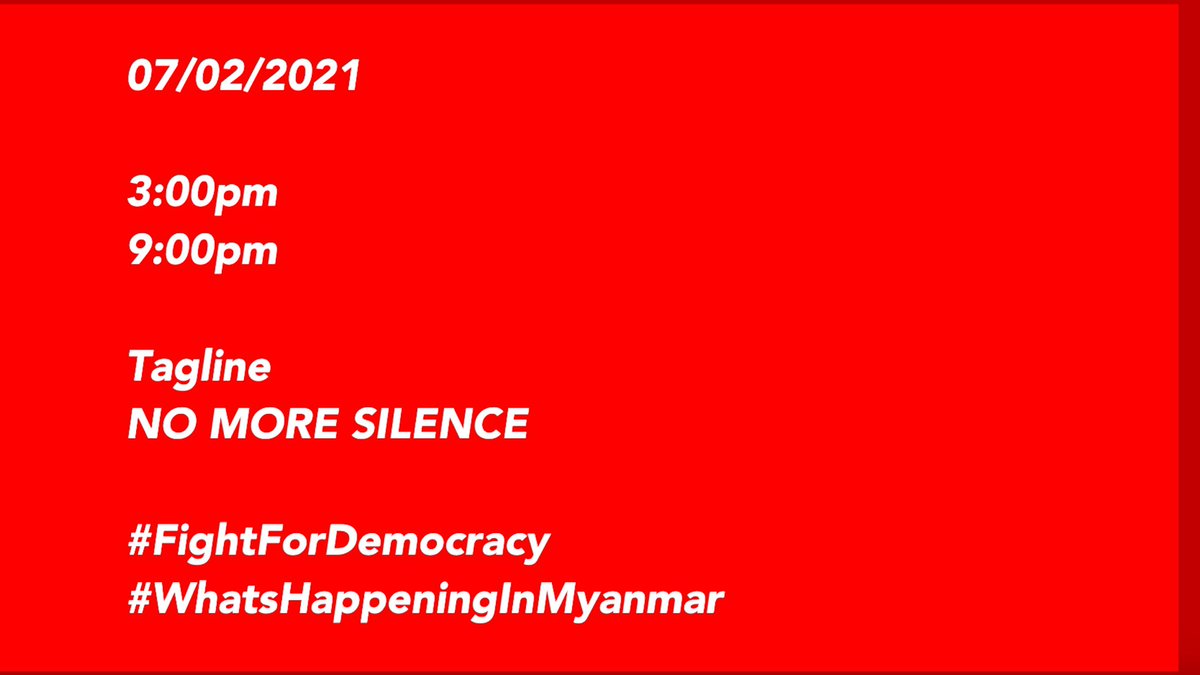 🚨  mass trending

သူ့အချိန်ရောက်မှစတင်ပါ။

7/01/21 
3:00 PM
9:00 PM

Tag Line 
NO MORE SILENCE