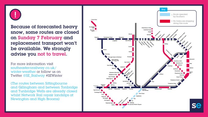 Pink border round a map showing routes that are closed on Southeasterns network map Sheerness to Sittingbourne Ramsgate to Dover via Deal Dover to Faverhsam via Canterbury West Westenhanger and Sandling Strood to Tonbridge Hastings to Tonbridge and Bromley North to Grove Park