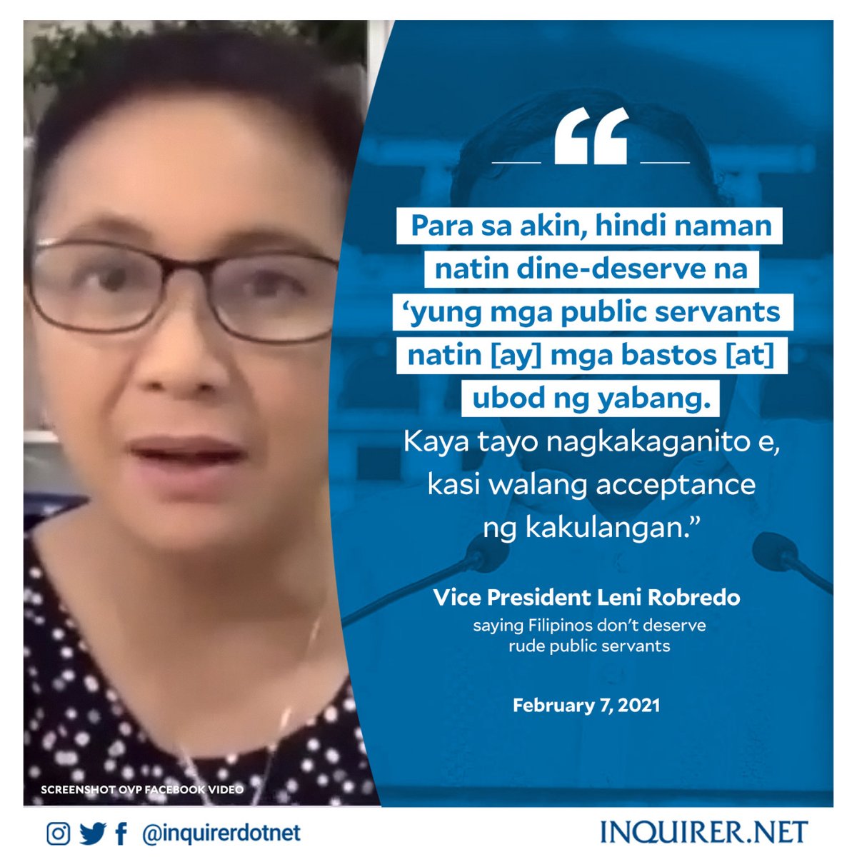 inquirerdotnet's tweet photo. 'ITO NA BA ANG KLASE NG PUBLIC SERVANTS NATIN?'

Binigyang-diin ni Bise Presidente Leni Robredo na hindi kailangan ng Pilipinas ang mga lingkod bayan na "bastos" at "ubod ng yabang."

https://t.co/pVx1JG4STj https://t.co/7gG3GnisoD