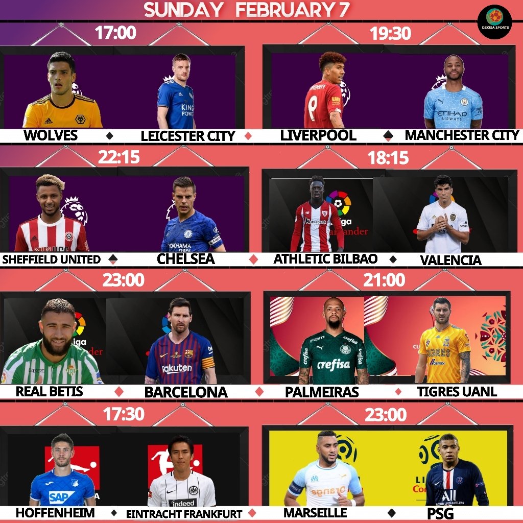 #PremierLeague
Tottenham Vs West Brom 3pm
Wolves Vs Leicester City 5pm
Liverpool Vs Manchester City 7:30pm
Sheffield United Vs Chelsea 10:15pm
#LaLigaSantander
Real Sociedad Vs Cadiz 4pm
Athletic Bilbao Vs Valencia 6:15pm
Osasuna Vs Eibar 8:30pm
Real Betis Vs Barcelona 11pm https://t.co/x5atW4iSUp