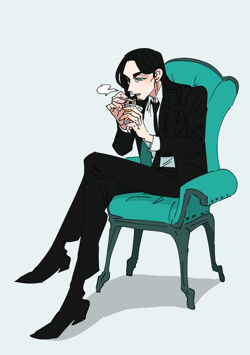 black hair solo sitting chair 1boy necktie formal  illustration images