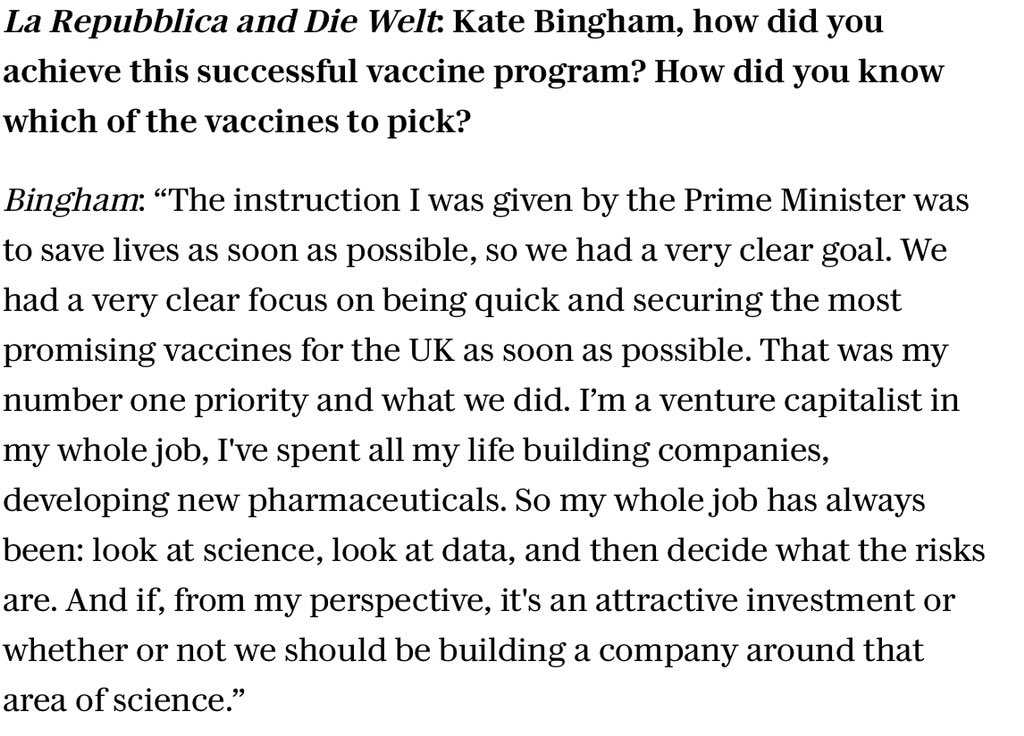 Yesterday, two European newspapers, la Repubblica and die Welt published a joint interview with Kate Bingham in English  https://www.repubblica.it/cronaca/2021/02/07/news/kate_bingham_interview_vaccines_covid_astrazeneca_uk_coronavirus_johnson-286384093/