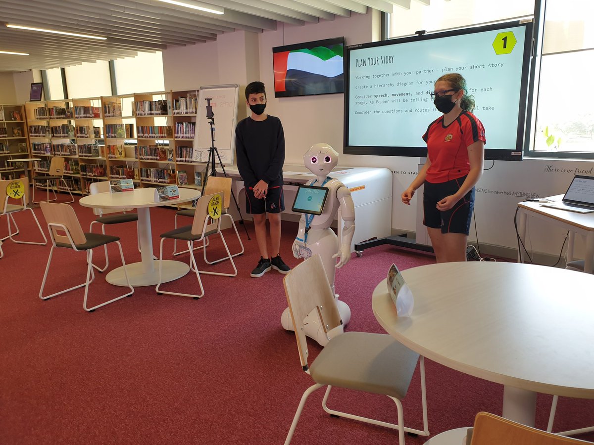 raz_zed's tweet photo. When you give students a humanoid and some coding knowledge, they write code to showcase the power of robot-human interaction. Well done Grade 8 for your showcase today.
#DAAINNOVATE #GEMSDAA #PepperBot #coding @SoftBank @PrincipalAbroad and special thanks to @RamkumarLG https://t.co/vBD0AuyBkA