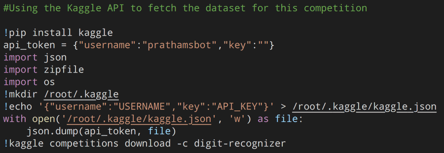 Now let's look at the code.We'll first download the dataset for this project using the kaggle API for Python.Keep in mind that you'll have to provide an API key so that this code works.(6 / 22)