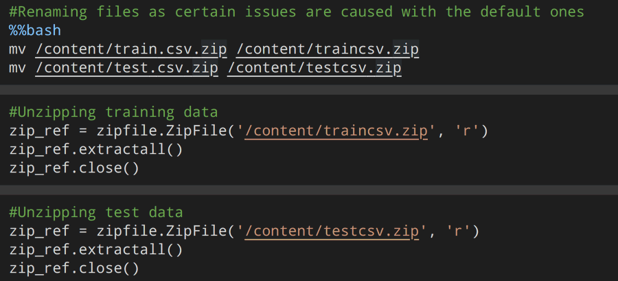 There are some issues with the names of the files, so we'll rename and then unzip them using the zip library.(7 / 22)