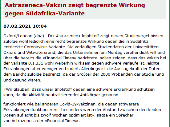 datawrangler2's tweet photo. dpa|#Oxford|#London|07.02.2021-10:04

Der #Astrazeneca-#Impfstoff zeigt
neuen #Studie`n-ergebnissen zufolge
wohl lediglich eine recht begrenzte Wirkung
gegen die in Südafrika
entdeckte #Coronavirus-Variante

©https://t.co/j62chhGZzU
#b11248 #B117 #B1351 #B1352 #Mutation #SARSCoV2 https://t.co/0G81LcyEEO
