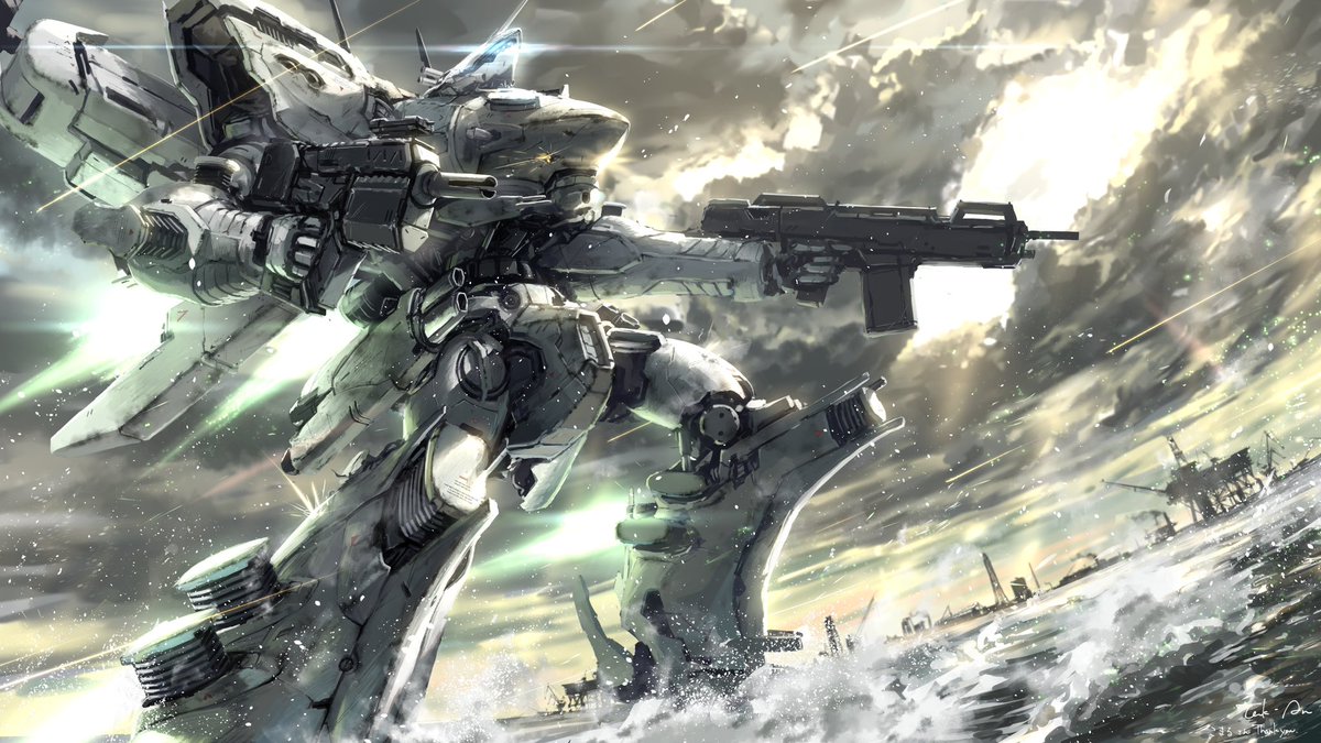 mecha robot weapon gun no humans holding cloud  illustration images