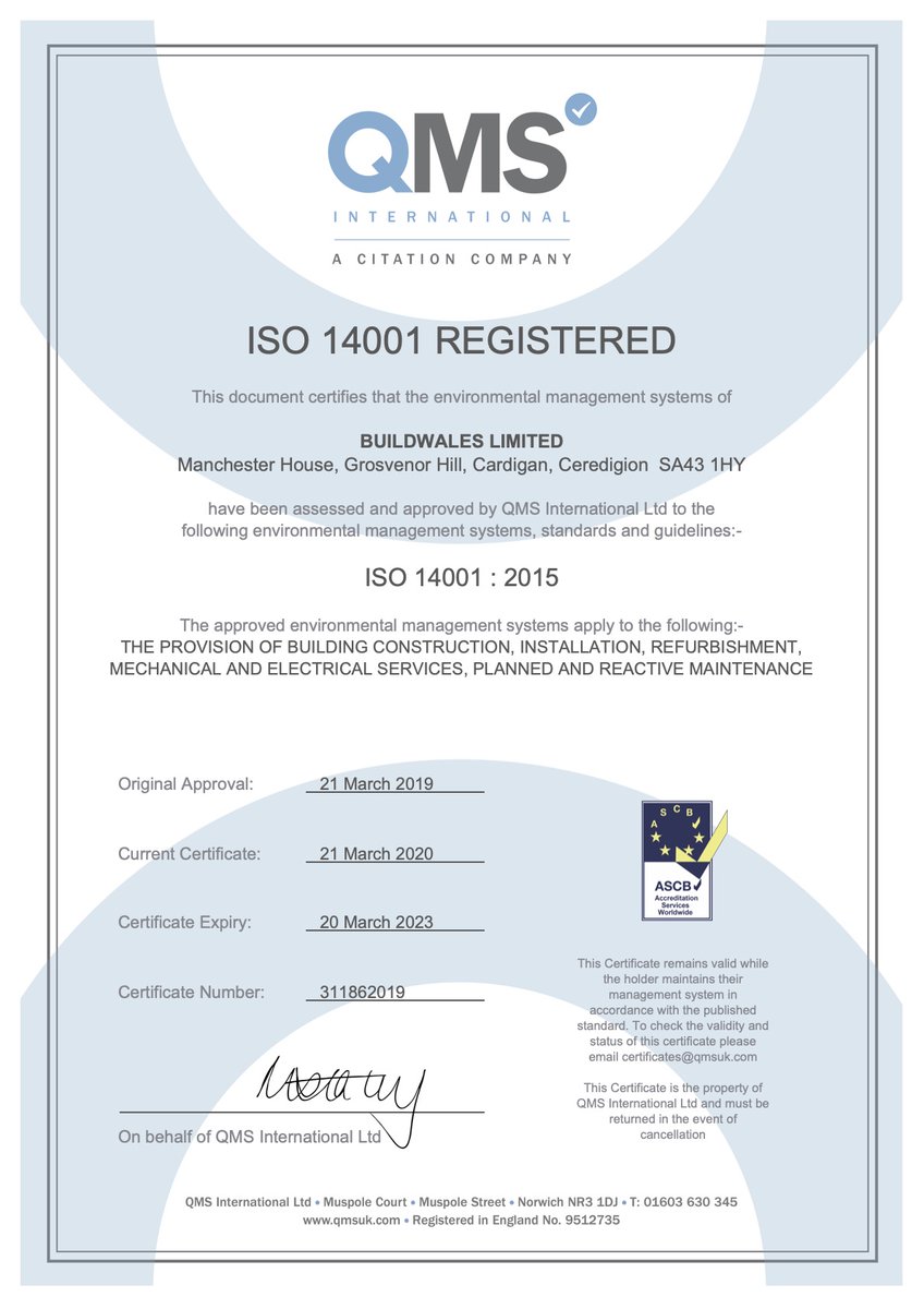 BuildWales's tweet photo. We are pleased to announce that the recent ISO audit for Health and safety, management &amp; Environment has been re-certifed. Thanks to the folk at QMS, professional service would definitely recommend.  #construction #management #business#quality#buildwales#improvement #development https://t.co/FZBqncIwG7