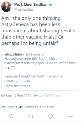 Prof Devi Sridhar sticking up this negative tweet about <a href="/ASTRAZENECAUK/">AstraZenecaUK</a> vaccine and then deletes it.

Why?