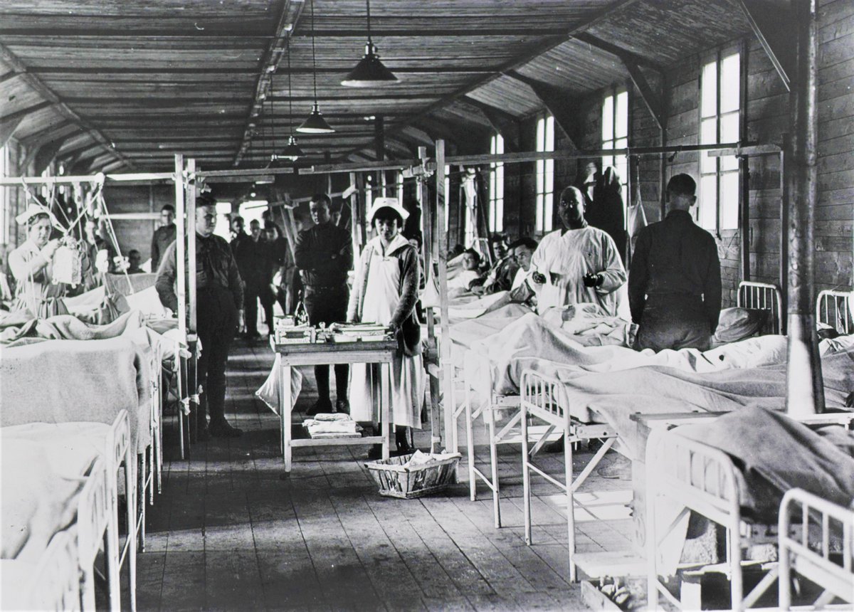 [9 of 25]In WWI, combat medics treated Soldiers who could stay and fight. Those who too wounded to continue to fight were moved by rail to enormous Camp Hospitals hundreds of miles away from the front lines.