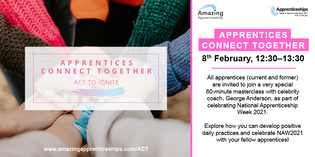 worldskillsuk's tweet image. To help kick off National Apprenticeship Week tomorrow, @AmazingAppsUK are inviting all apprentices to join a free mindfulness and positivity masterclass with celebrity coach, George Anderson @ByGeorgeA!

📆 Mon 8 Feb 12:30 – 13:30

Register: tinyurl.com/y39zutrg 

#NAW2021