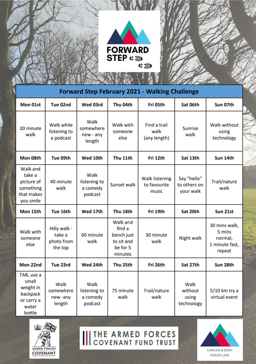 CumbriaCVS's tweet photo. The nights are starting to get a little lighter, is this motivating you to get out more? Then Forward Step February may be for you!
Each day there is a different walking challenge. Take some pictures and share what you've been up to, which may just inspire others #ForwardStep https://t.co/YVgW8Ttr89