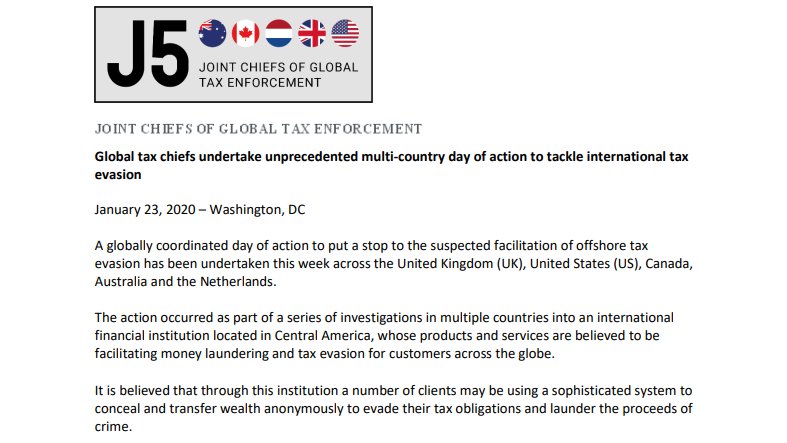 9/January 23, 2020“This is the first coordinated set of enforcement actions undertaken on a global scale by the J5 – the *first of many*,” said Don Fort, US Chief, Internal Revenue Service Criminal Investigation.  https://www.irs.gov/pub/irs-utl/j5-media-release-1-23-2020.pdf
