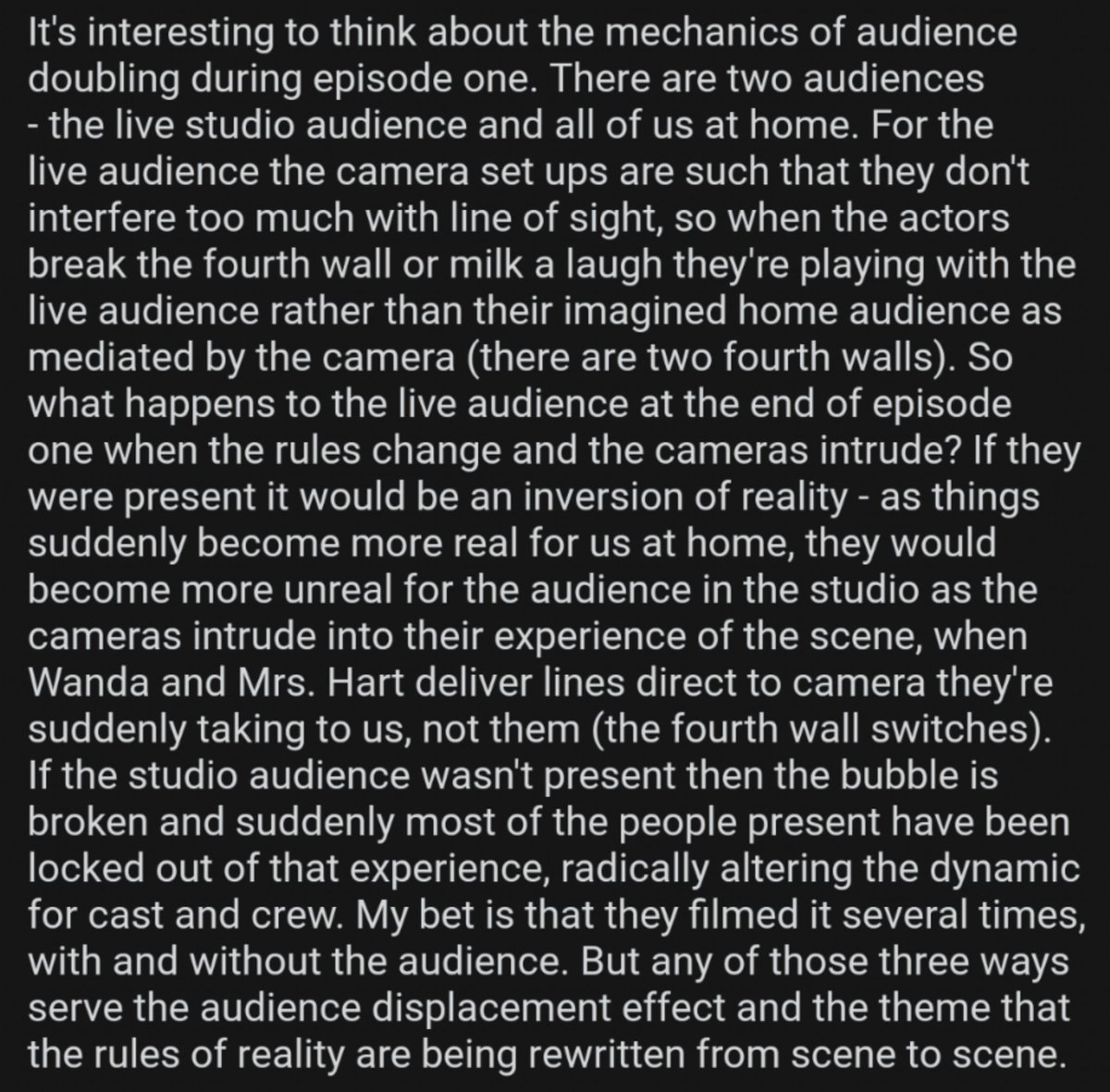 Audience displacement - playing several 4th walls off against each other; the writer observing the audience & constructing an audience-within-the show as investigators; the weekly format anticipating & incorporating its reception; the TV show that watches its audience. 5/15
