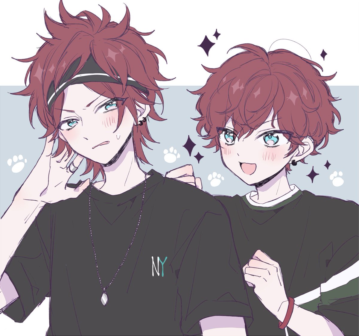 2boys multiple boys male focus jewelry shirt red hair brothers  illustration images