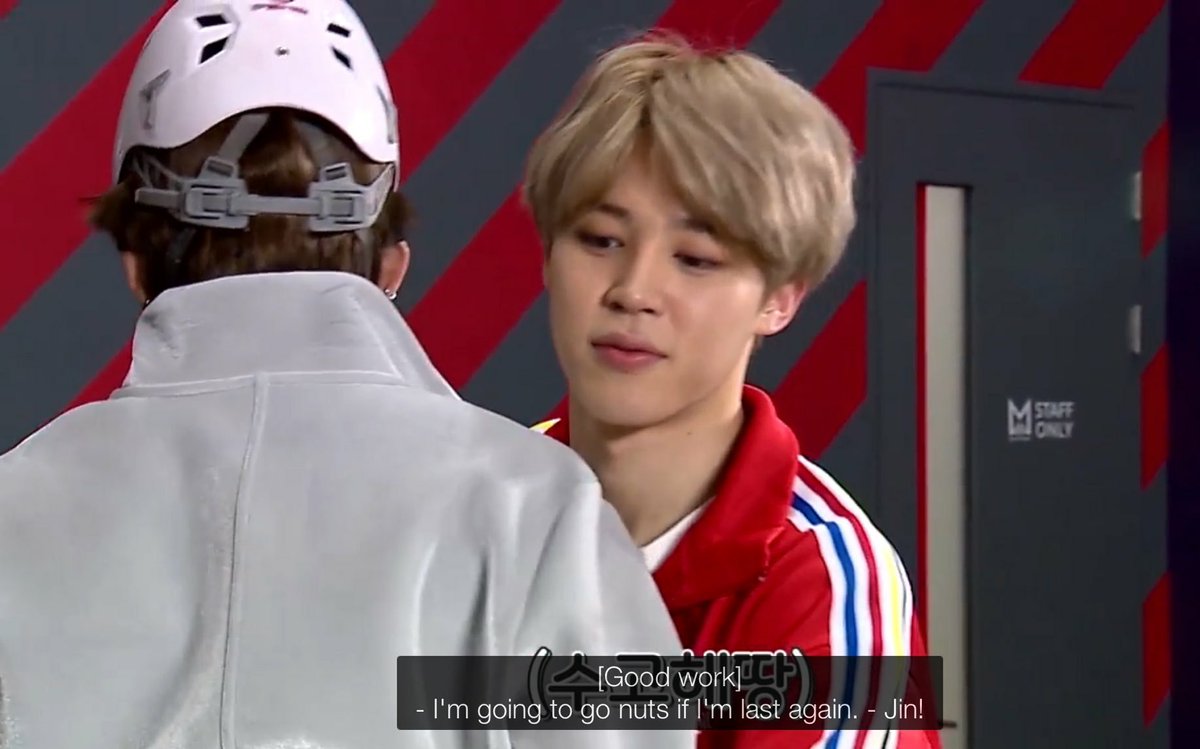 jimin telling taehyung, "good work." and a hug 