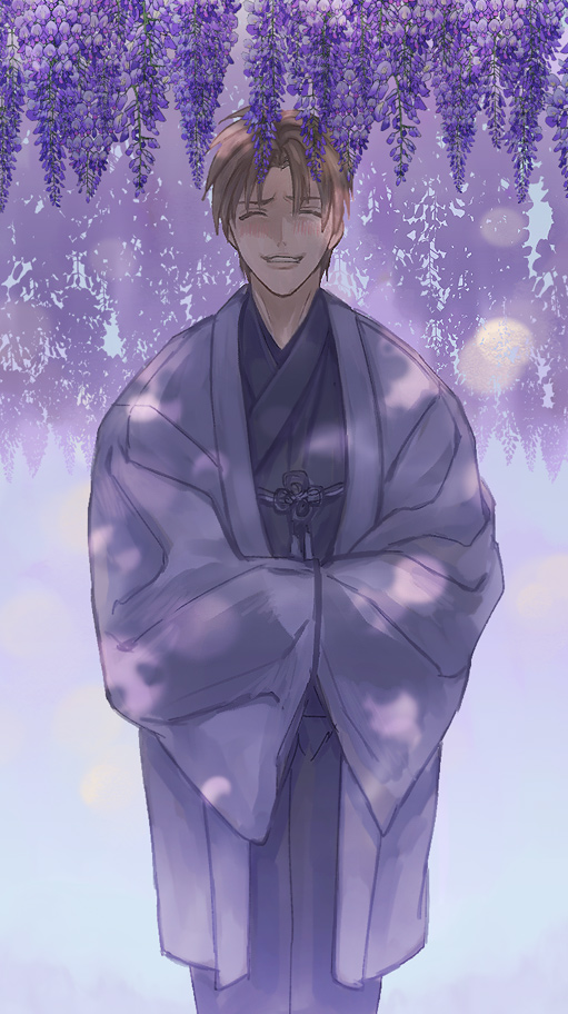1boy male focus wisteria japanese clothes solo flower closed eyes  illustration images
