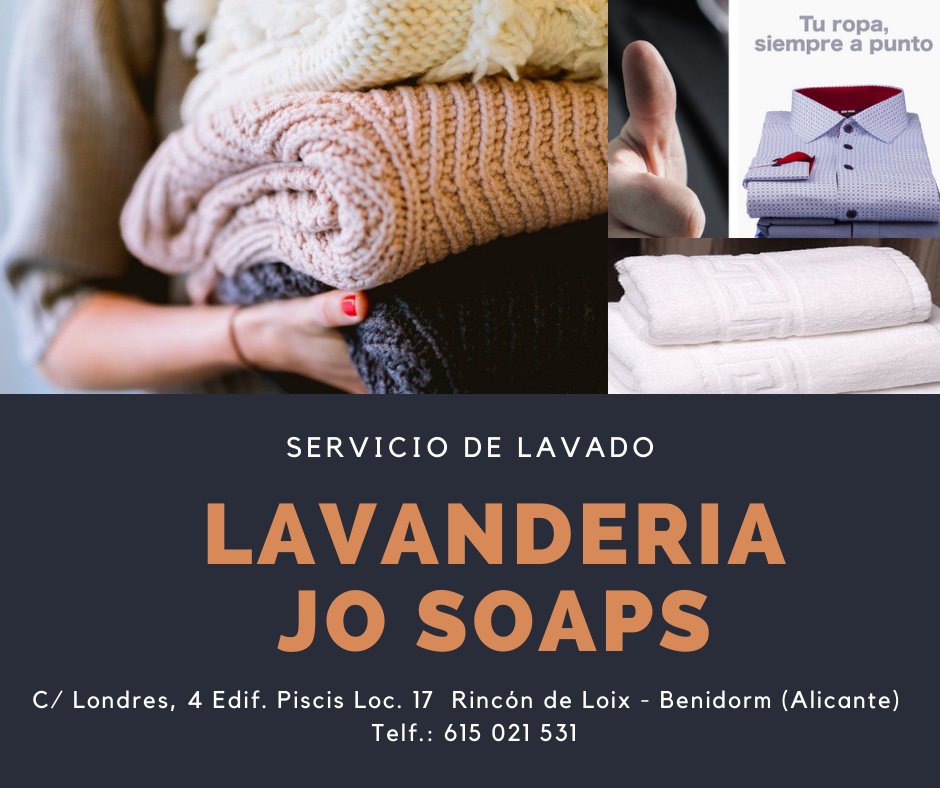 jo_soaps's tweet image. Servicio de Lavado
Tu ropa siempre a punto.
Recogida y entrega a domicilio, llámanos al +34 615 021 531
C/ Londres, 4 Edif. Piscis Local 17 - Rincón de Loix - #Benidorm 
#BenidormTeEspera y Nosotros También