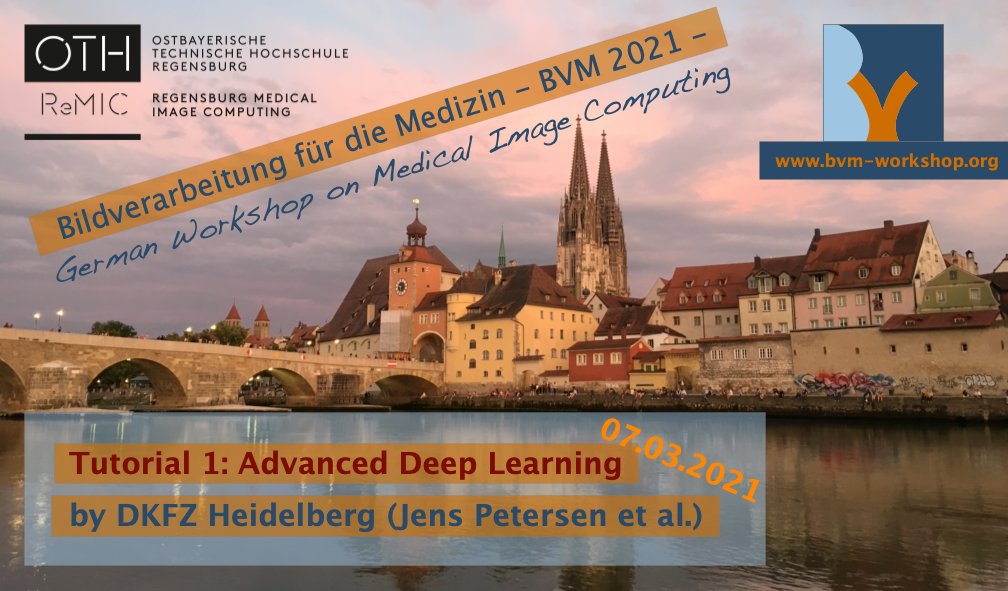 BVM 2021 is happy to announce four virtual tutorials at 07.03.2021

Tutorial 1: Advanced #DeepLearning by <a href="/mic_dkfz/">MIC at DKFZ</a> <a href="/peterjensen_/">Jens Petersen</a>, <a href="/maierhein/">Klaus Maier-Hein</a> et al. 

Registration in combination with BVM conference or separately: 
bvm-workshop.org/registrierung-…

<a href="/ReMIC_OTH/">ReMIC @ OTH Regensburg</a> 
<a href="/BVM_Community/">BVM Community</a> 
<a href="/DGBMT/">DGBMT</a>