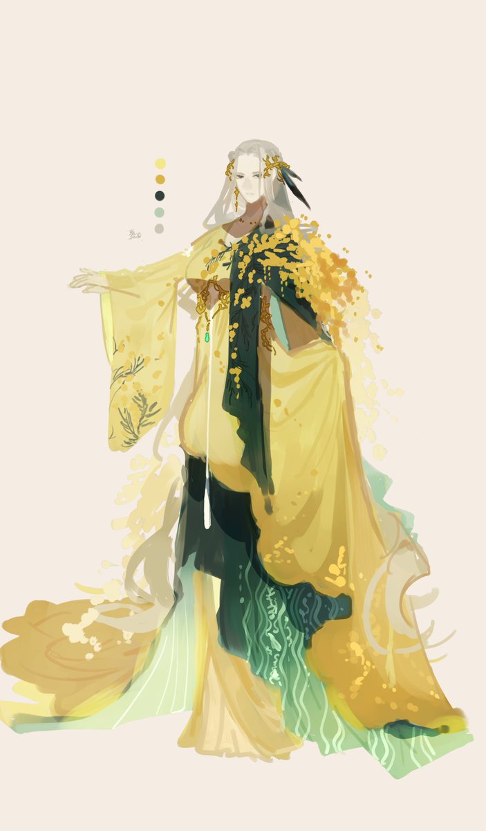 1girl solo long hair yellow dress full body wide sleeves standing  illustration images