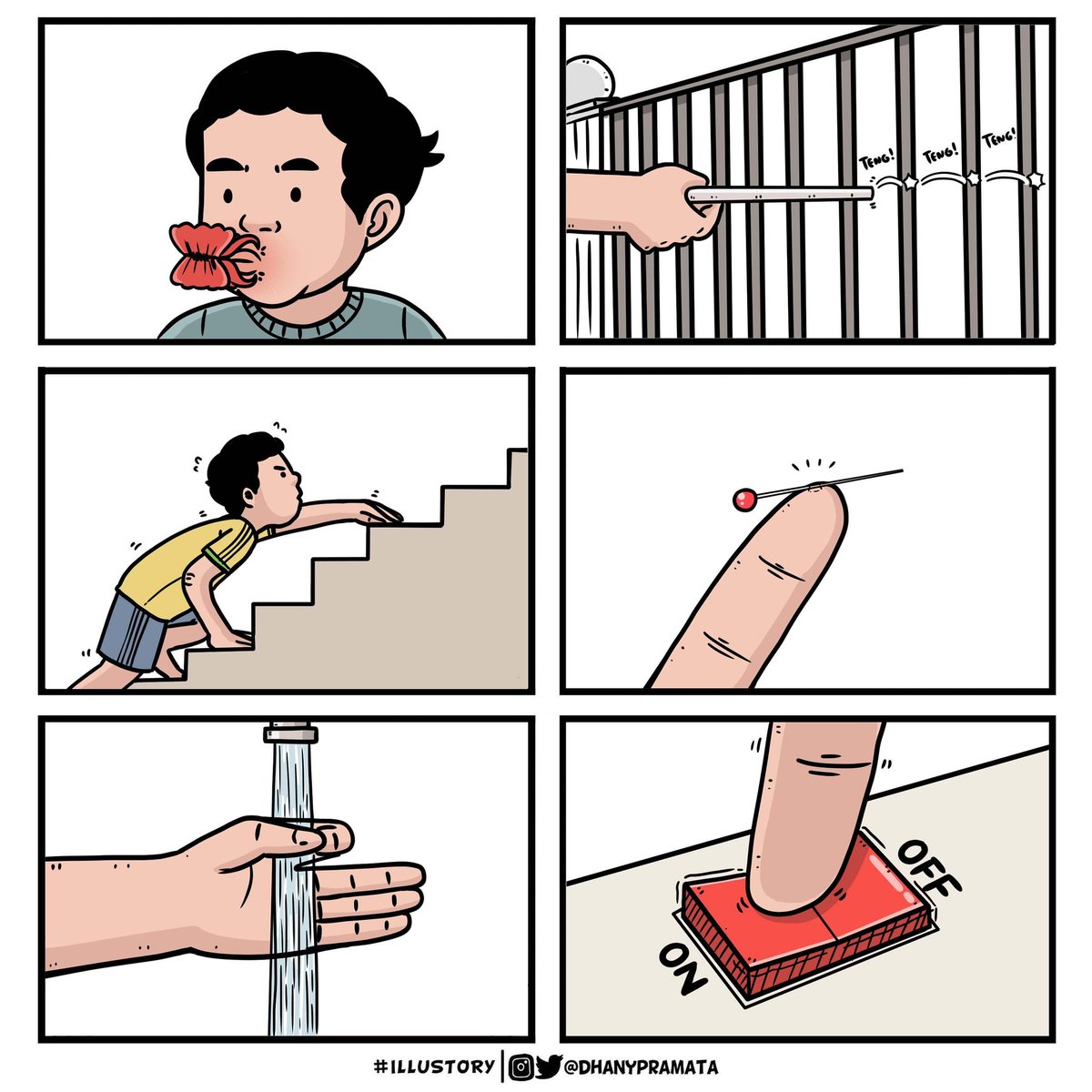 hal-hal random yang sering gw lakukan waktu kecil dulu...😂

1. Jepitin jepitan rambut ke mulut
2. Pukulin pagar tetangga biar bunyi
3. Naik tangga dengan merangkak
4. Tusukin jarum pentul ke jari
5. Buat bulatan dengan tangan, jangan kena air
6. Seimbangin tombol on &amp; off