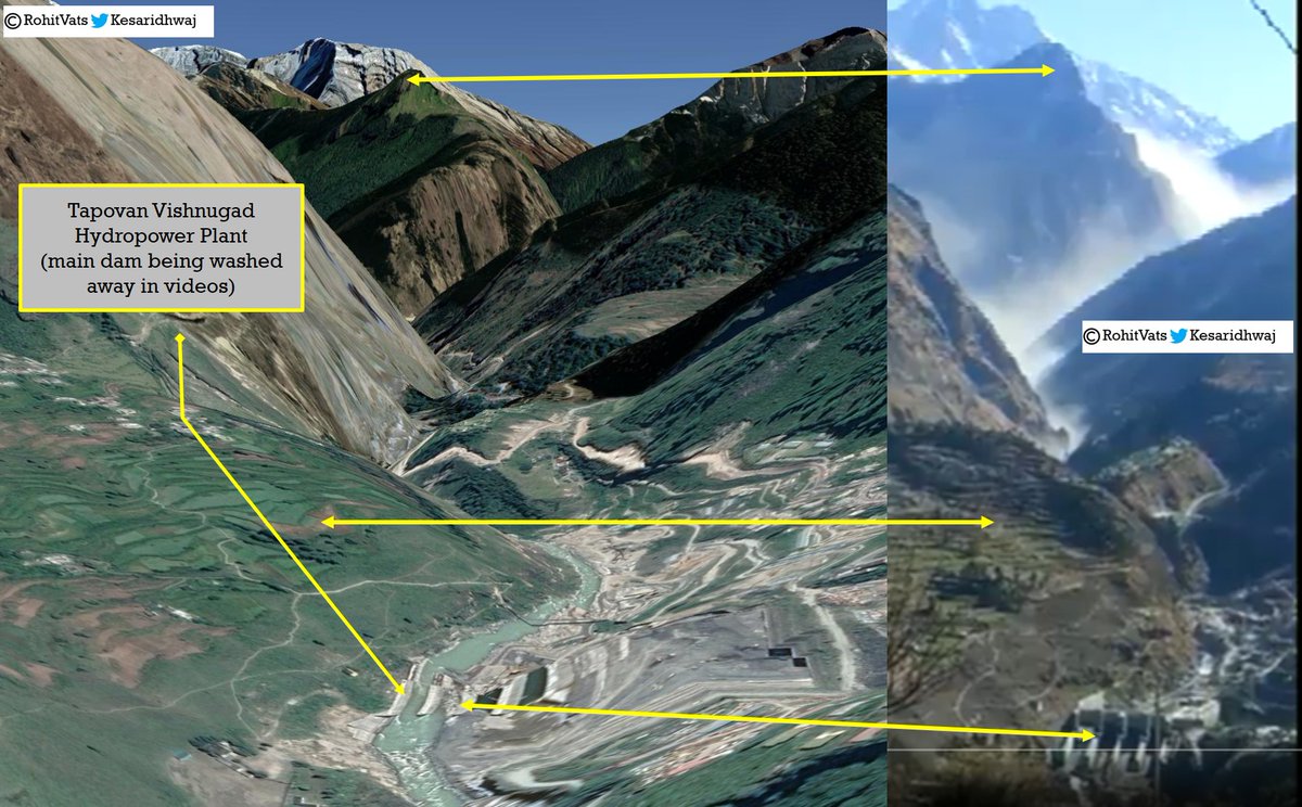 - Corelating screenshot from a video shared by ANI with Google Earth imagery. #Uttarakhand  #UttarakhandDisaster  #Uttrakhand