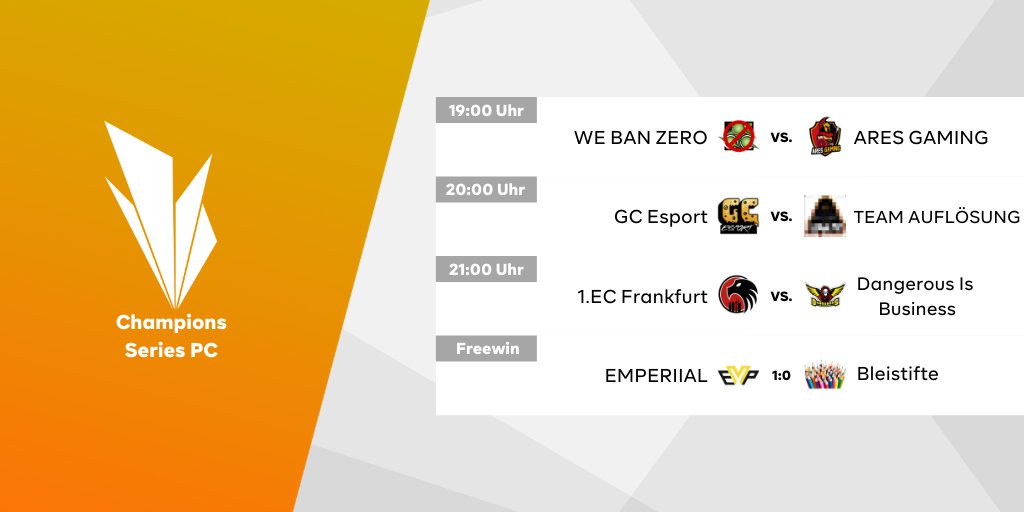 Die R6S Champions Series [PC] geht heute wieder ab 19:00 Uhr auf twitch.tv/ebattlegg an den Start!
🏅🏅🏅
<a href="/1ECFrankfurt/">1. Esport Club Frankfurt e.V.</a> <a href="/Emperiial/">Emperiial eSports e.V.🇩🇪</a> <a href="/AresGamingDE/">Ares Gaming</a> <a href="/GameCatering/">GameCatering Media UG</a> @DiBGermany #webanzero #teamauflösung
powered by @DiBGermany &amp; <a href="/r6team_platform/">r6team</a> 
#r6s #ebattle #liga
