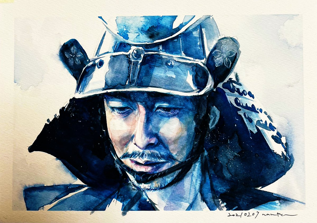 1boy male focus solo facial hair traditional media helmet kabuto (helmet)  illustration images