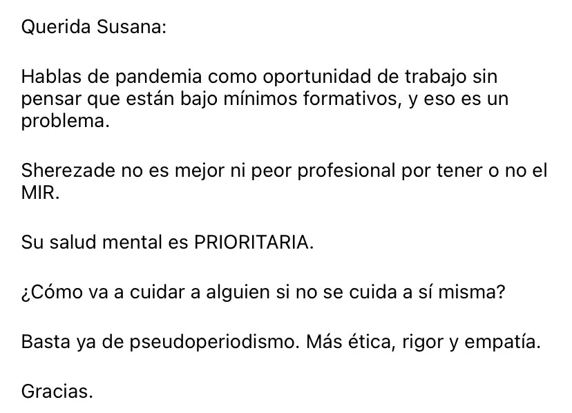 esdecirdiario's tweet photo. Sherezade no es mejor ni peor profesional por tener o no el MIR. 

Su salud mental es PRIORITARIA. 

¿Cómo va a cuidar a alguien si no se cuida a sí misma?

Basta ya de pseudoperiodismo. Más ética, rigor y empatía.

Gracias. https://t.co/PhhKdir1MT