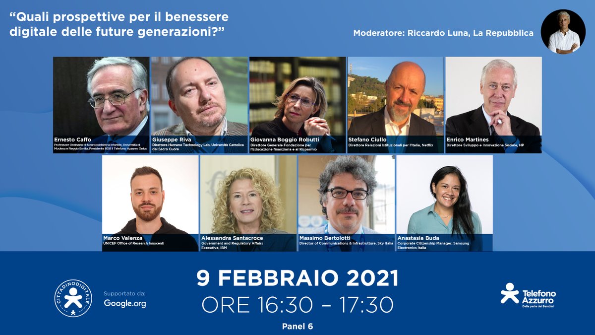 “Quali prospettive per il benessere digitale delle future generazioni?”: questo il panel che chiuderà la maratona di #TelefonoAzzurro per il #SID2021, il 9/02 alle 16:30.

Modera il giornalista <a href="/RiccardoLuna/">Riccardo Luna</a>.

Registrati e segui il live⬇️
azzurro.it/news_eventi/sa…
#SaferInternetDay